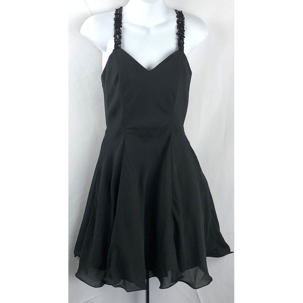 Vtg Formal Cocktail Dress 7 Blk Sweetheart Sequin Strappy Fit & Flare Pin Up
